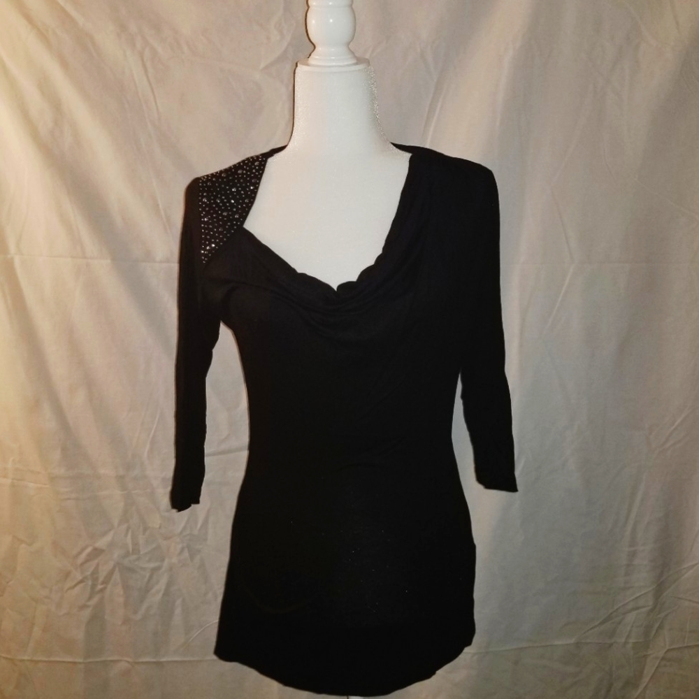 GLITTERSCAPE STRETCH 3/4 SLEEVE DRAPED FRONT TOP